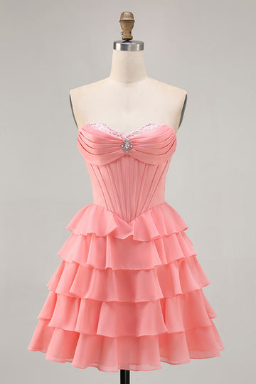 Blush A-Line Tiered Ruffle Corset Strapless Homecoming Dress